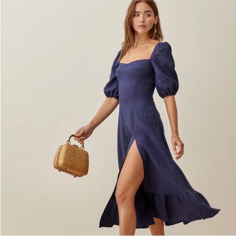 Reformation Navy High Low Dress with Puff Sleeves